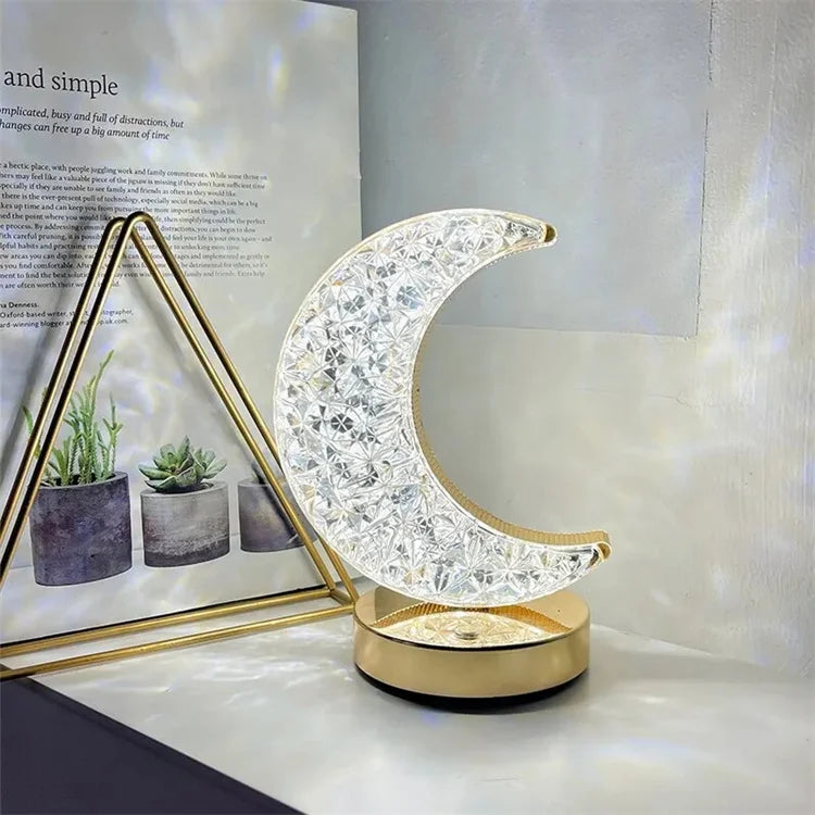 LED Kristall-Lampe mit Stern & Mond – Touch-Dimmer, 3 Farben, wiederaufladbar