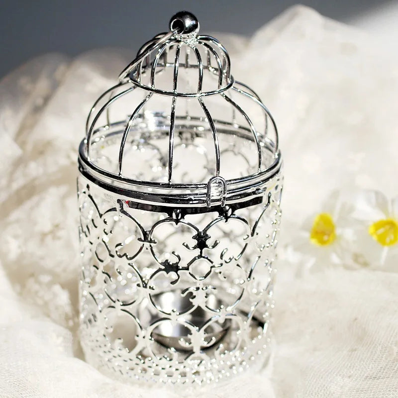 Vintage Metall Vogelkäfig Kerzenhalter – Marokkanische Laterne, Golden/Silber