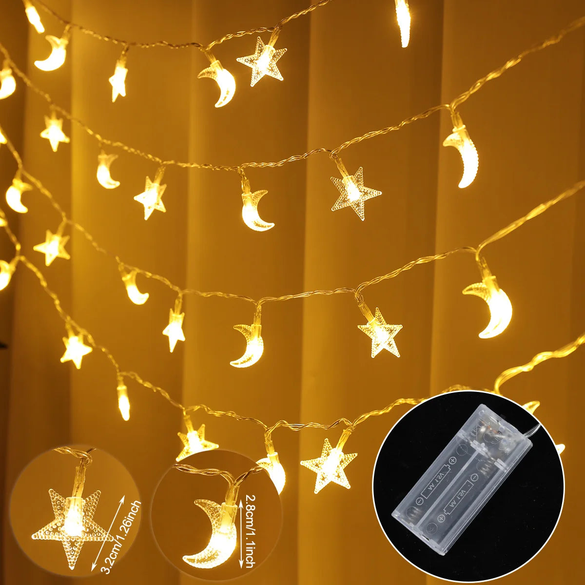 LED Lichterkette Stern & Mond – Batteriebetrieben, Warmweiß oder Bunt