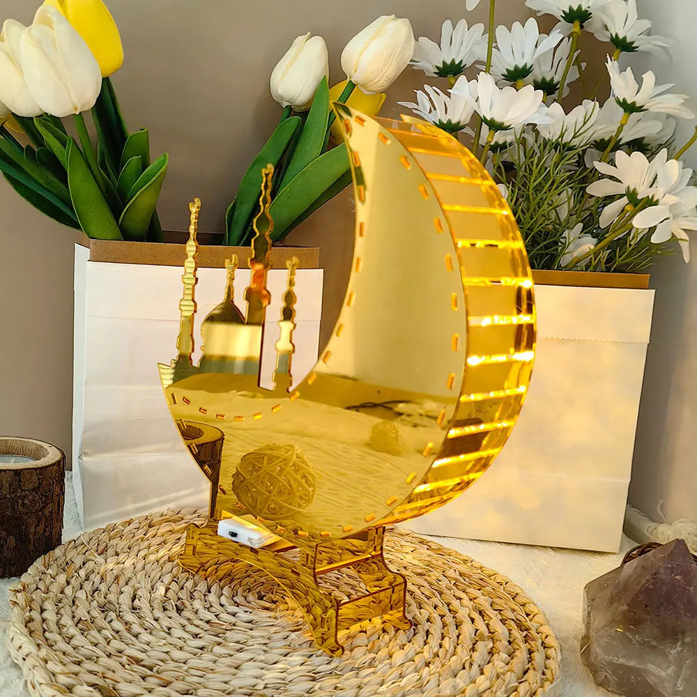 Ramadan & Eid Acryl-Dekoration – Goldener Mond mit Beleuchtung