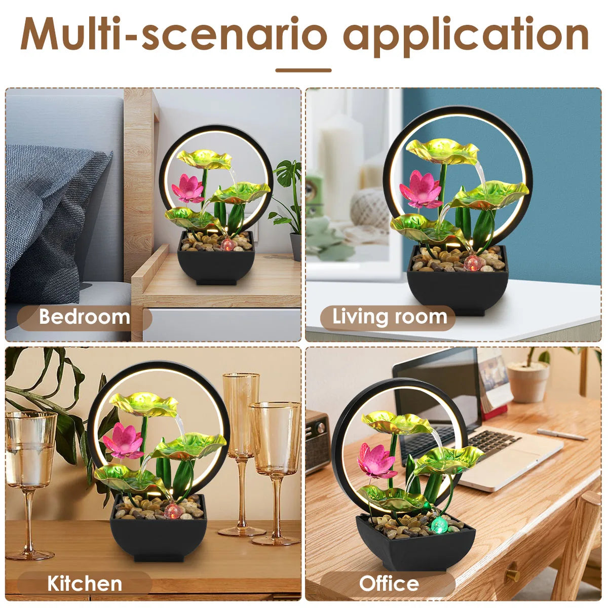 LED-Tischbrunnen Lotus mit fließendem Wasser und Kieseln – USB-betrieben, entspannende Indoor-Wasserfall-Dekoration