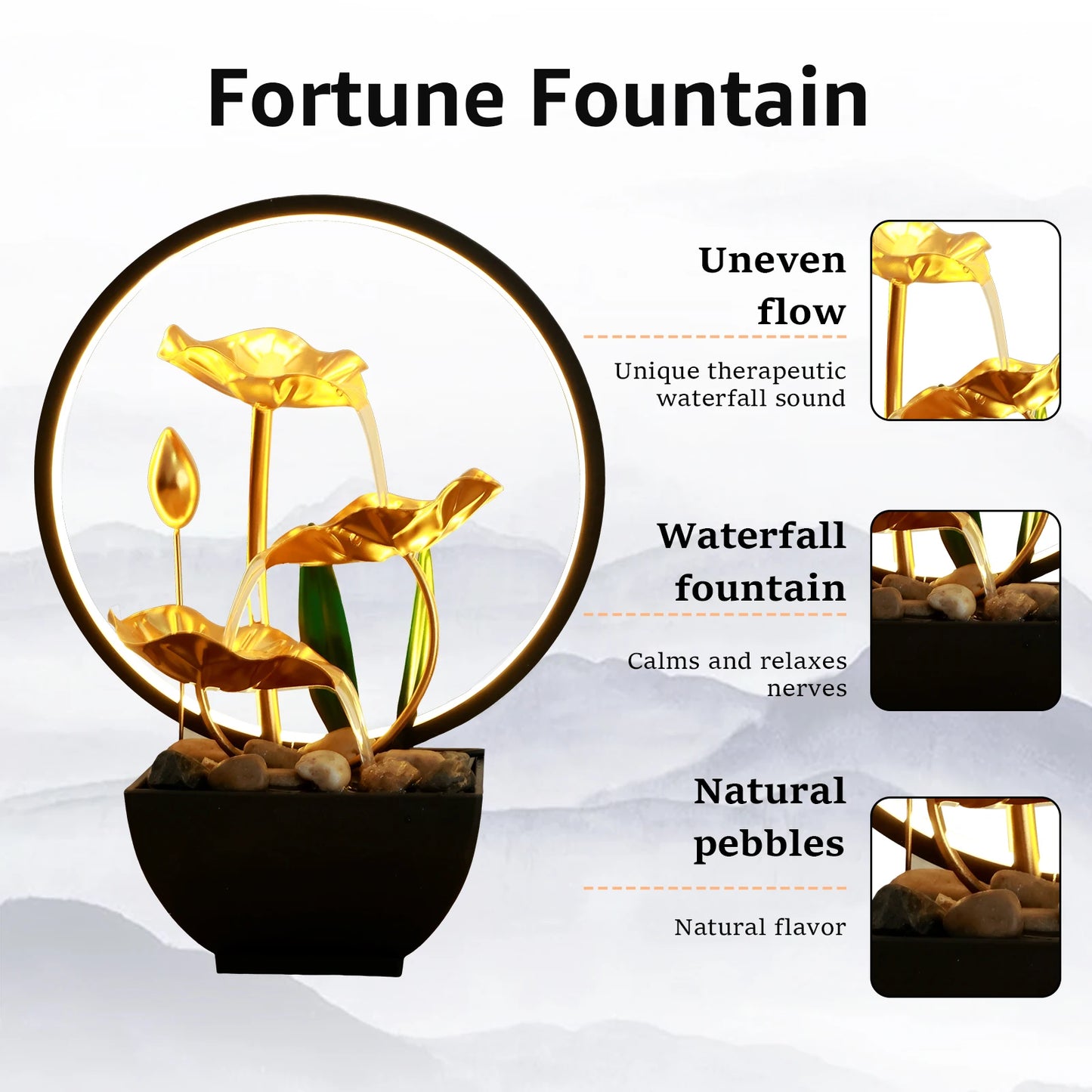 LED-Tischbrunnen Lotus mit fließendem Wasser und Kieseln – USB-betrieben, entspannende Indoor-Wasserfall-Dekoration