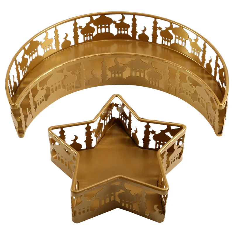Ramadan Serviertablett Set – Halbmond & Stern aus goldenem Metall