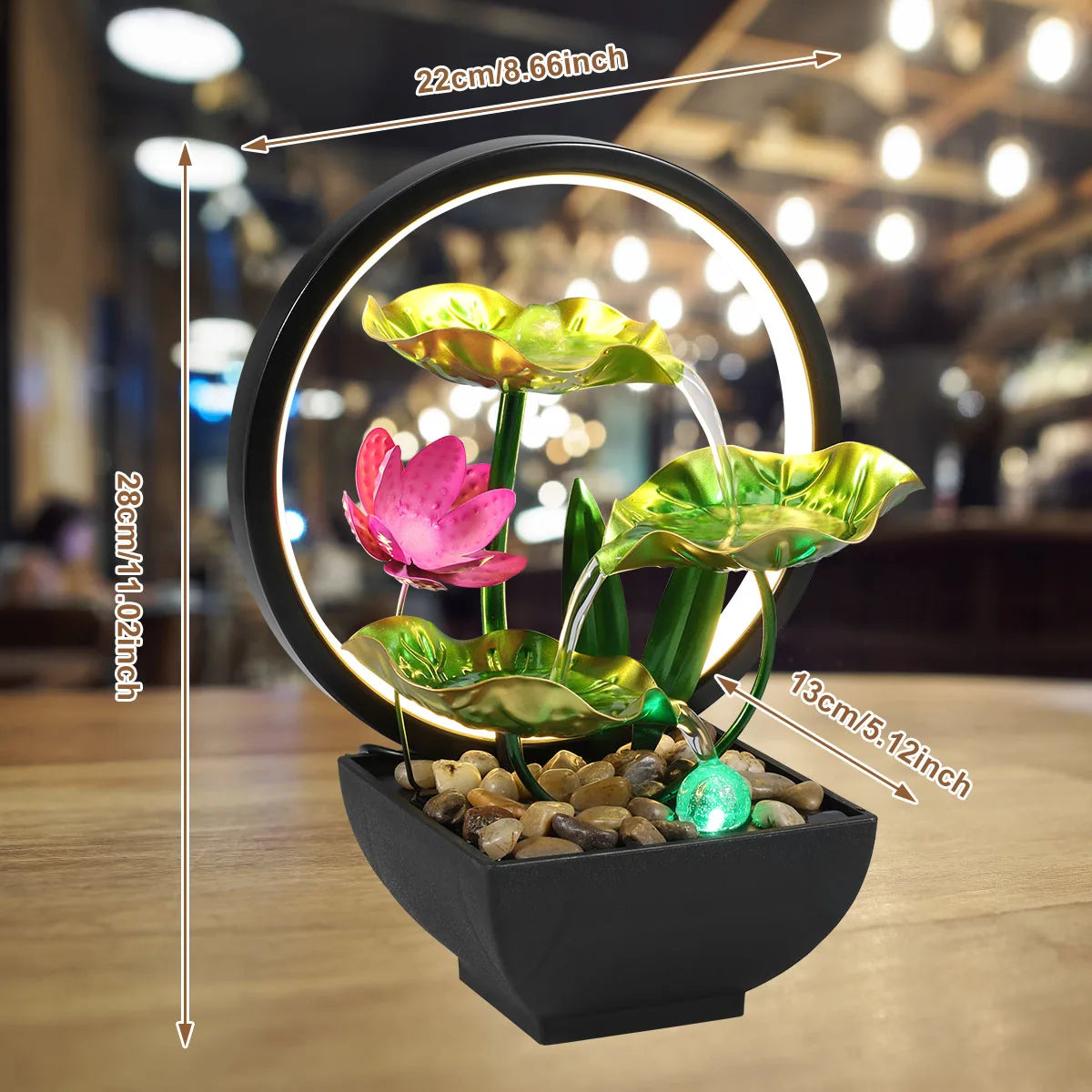LED-Tischbrunnen Lotus mit fließendem Wasser und Kieseln – USB-betrieben, entspannende Indoor-Wasserfall-Dekoration
