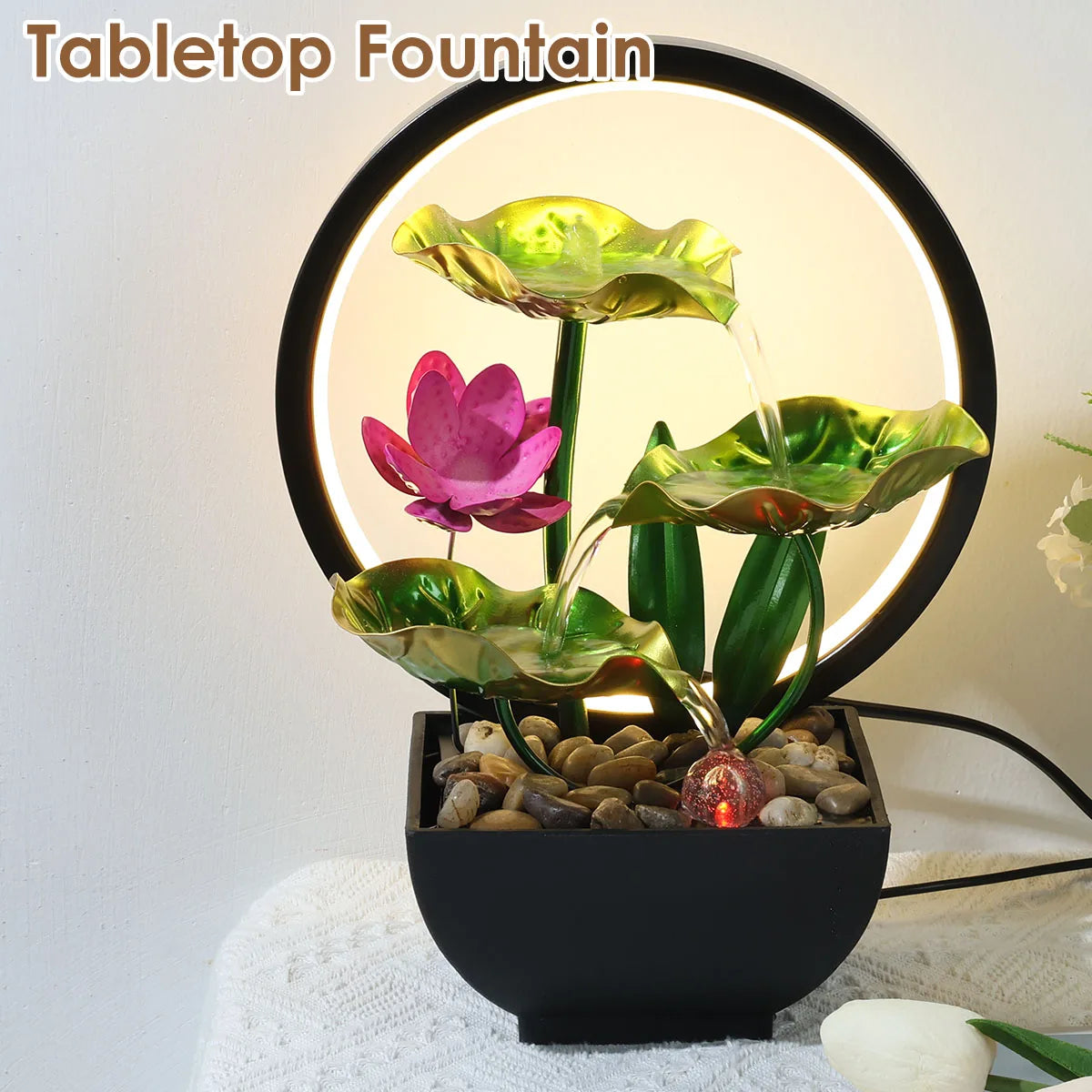 LED-Tischbrunnen Lotus mit fließendem Wasser und Kieseln – USB-betrieben, entspannende Indoor-Wasserfall-Dekoration