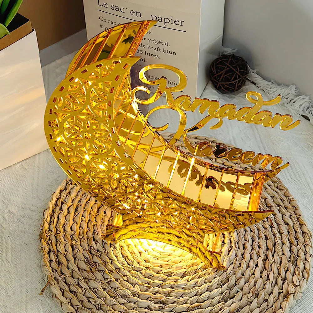 Ramadan & Eid Acryl-Dekoration – Goldener Mond mit Beleuchtung