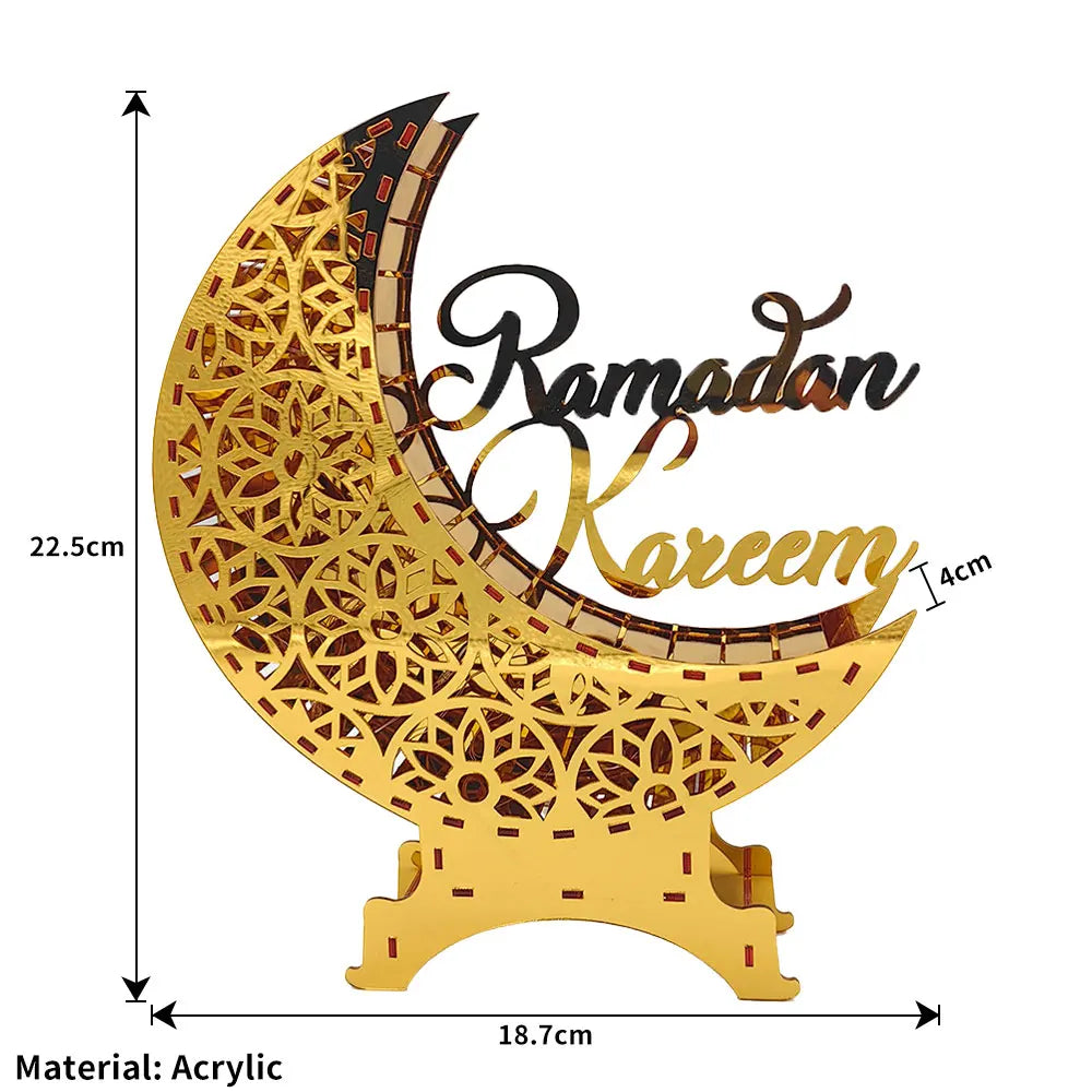 Ramadan & Eid Acryl-Dekoration – Goldener Mond mit Beleuchtung