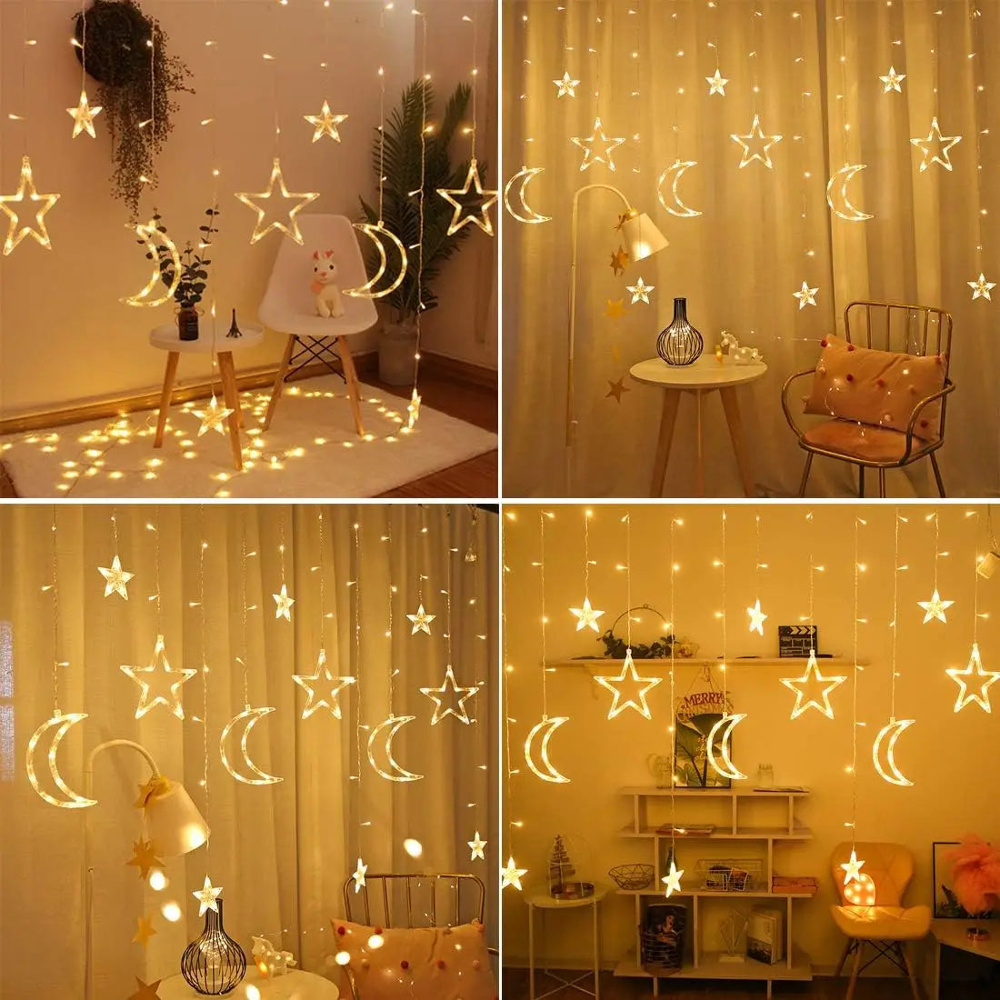 LED Vorhanglichter Sterne & Monde – 8 Lichtmodi, Batteriebetrieben - Ramadan