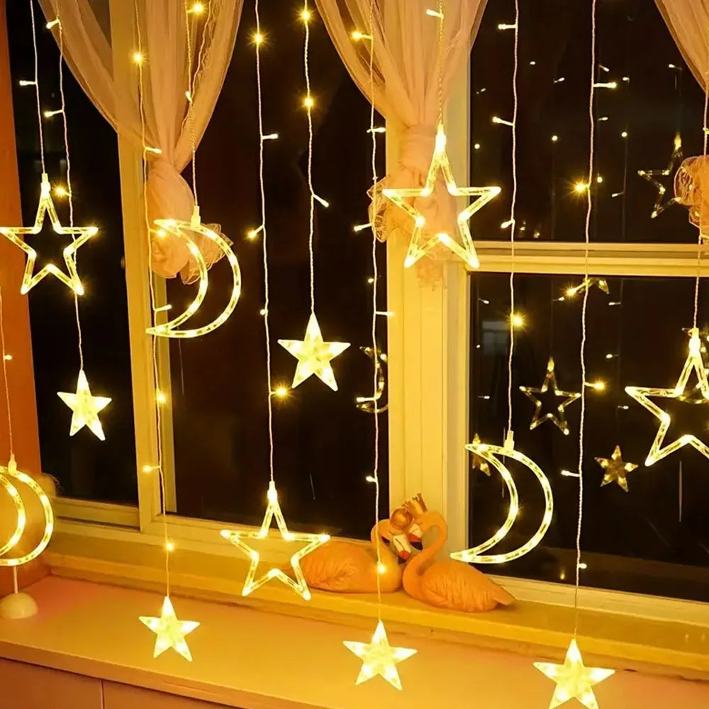 LED Vorhanglichter Sterne & Monde – 8 Lichtmodi, Batteriebetrieben - Ramadan