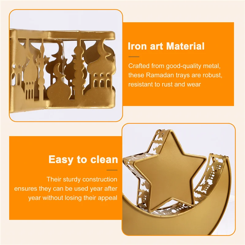 Ramadan Serviertablett Set – Halbmond & Stern aus goldenem Metall