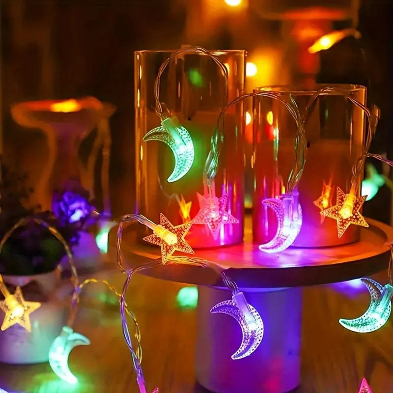 LED Lichterkette Stern & Mond – Batteriebetrieben, Warmweiß oder Bunt