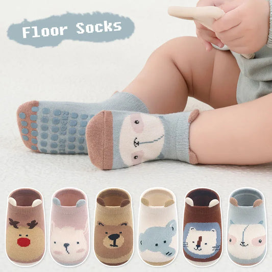 6 Paar rutschfeste Kinder-Baumwollsocken – Süße Cartoon-Tiermotive, Atmungsaktive & Bequeme Babysocken für den Innenbereich