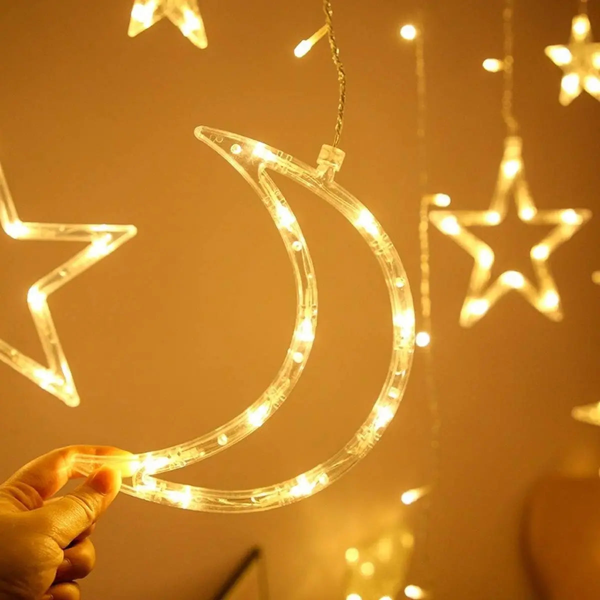 LED Vorhanglichter Sterne & Monde – 8 Lichtmodi, Batteriebetrieben - Ramadan