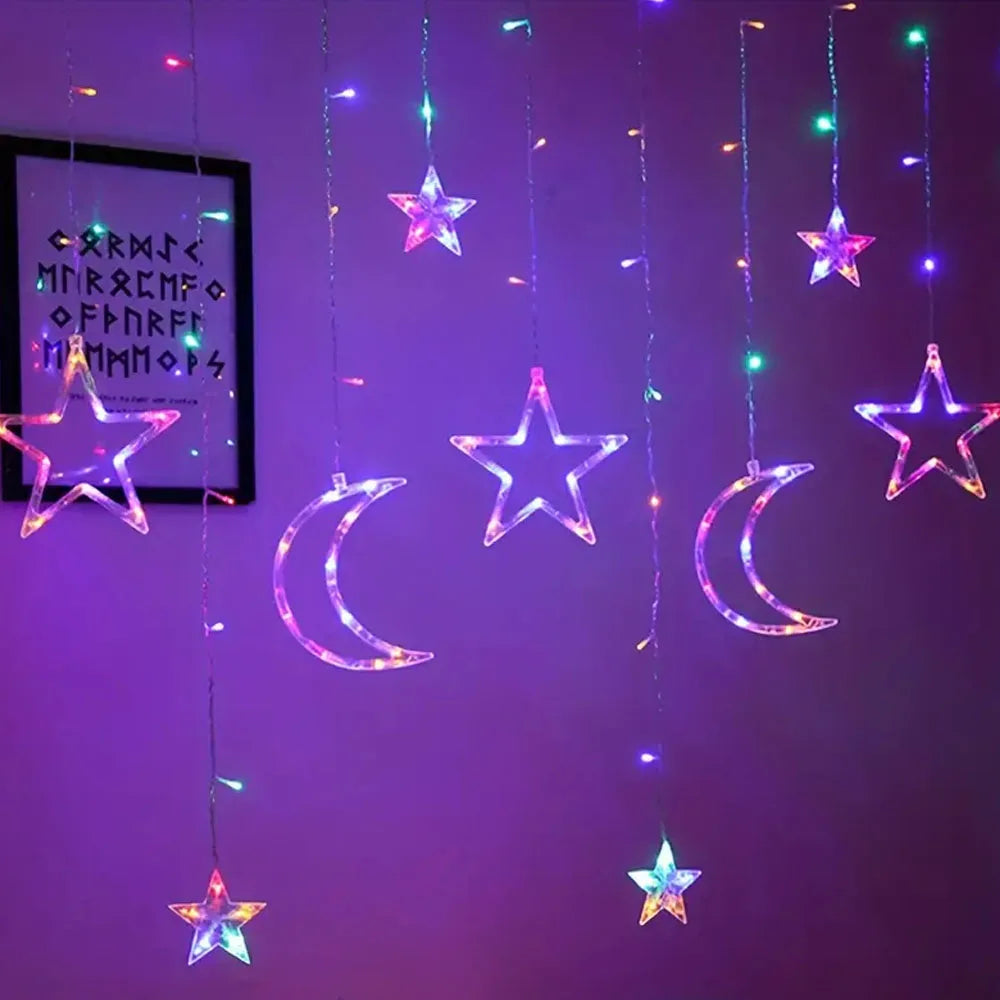 LED Vorhanglichter Sterne & Monde – 8 Lichtmodi, Batteriebetrieben - Ramadan