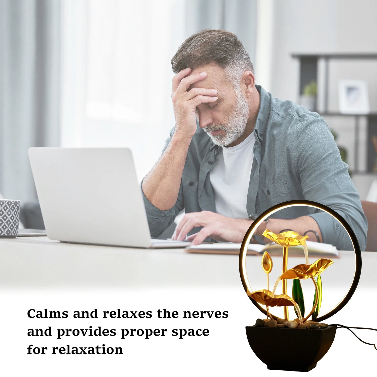 LED-Tischbrunnen Lotus mit fließendem Wasser und Kieseln – USB-betrieben, entspannende Indoor-Wasserfall-Dekoration
