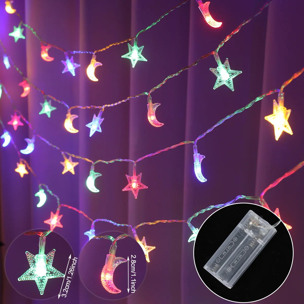 LED Lichterkette Stern & Mond – Batteriebetrieben, Warmweiß oder Bunt