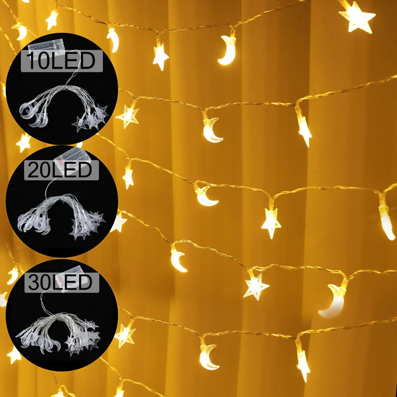 LED Lichterkette Stern & Mond – Batteriebetrieben, Warmweiß oder Bunt