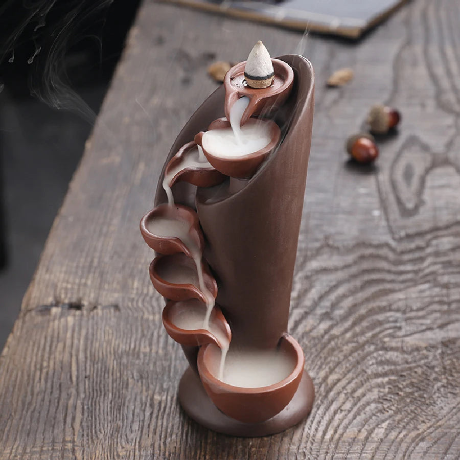 Keramik Rückfluss Räuchergefäß – Mehrstufiger Wasserfall-Design, Handgefertigt, 20 cm Höhe