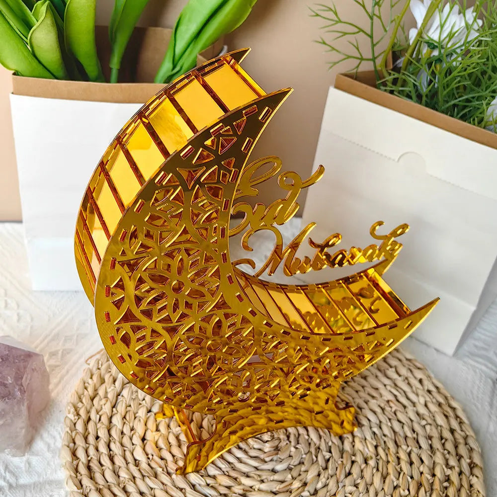 Ramadan & Eid Acryl-Dekoration – Goldener Mond mit Beleuchtung