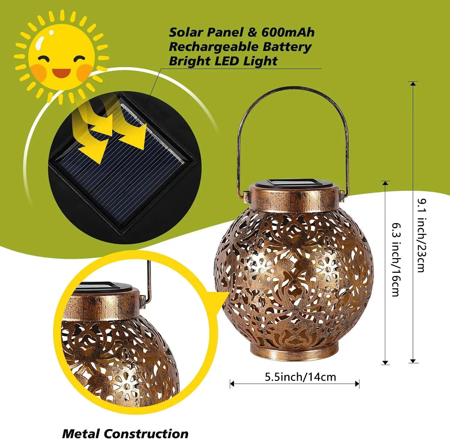 Solarbetriebene Vintage-Metalllaterne – Marokkanisches Blumenmuster