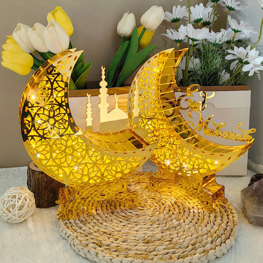 Ramadan & Eid Acryl-Dekoration – Goldener Mond mit Beleuchtung