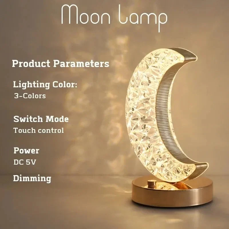 Kristall-Mondlampe – Touch-Dimmbar, USB-Wiederaufladbar, 3 Lichtfarben, LED-Nachtlicht für Schlafzimmer & Wohnambiente