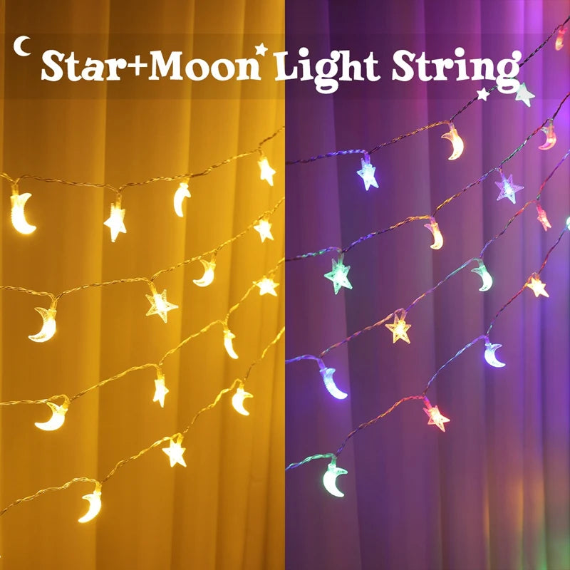 LED Lichterkette Stern & Mond – Batteriebetrieben, Warmweiß oder Bunt
