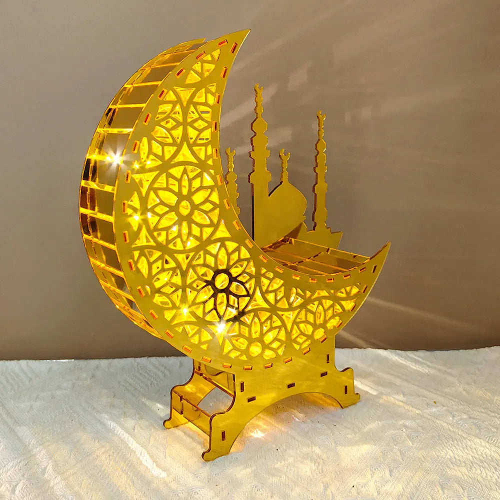 Ramadan & Eid Acryl-Dekoration – Goldener Mond mit Beleuchtung