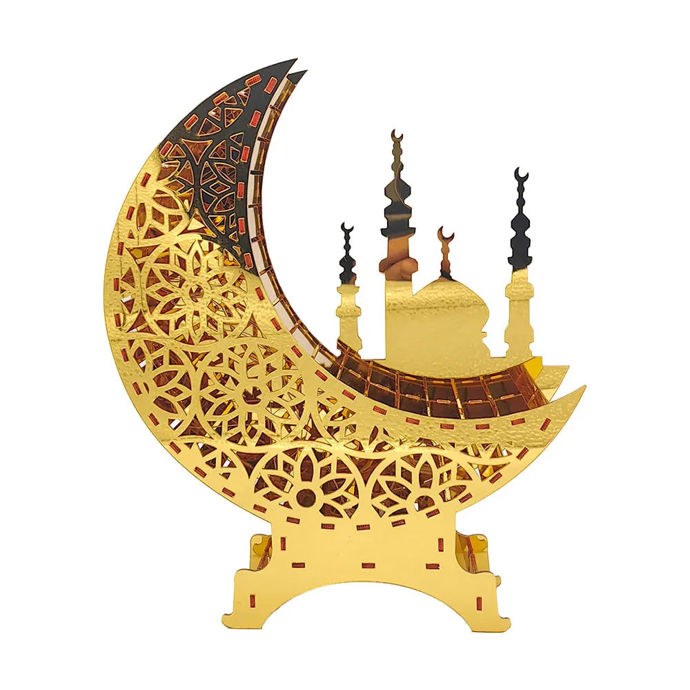 Ramadan & Eid Acryl-Dekoration – Goldener Mond mit Beleuchtung
