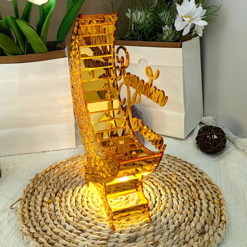 Ramadan & Eid Acryl-Dekoration – Goldener Mond mit Beleuchtung