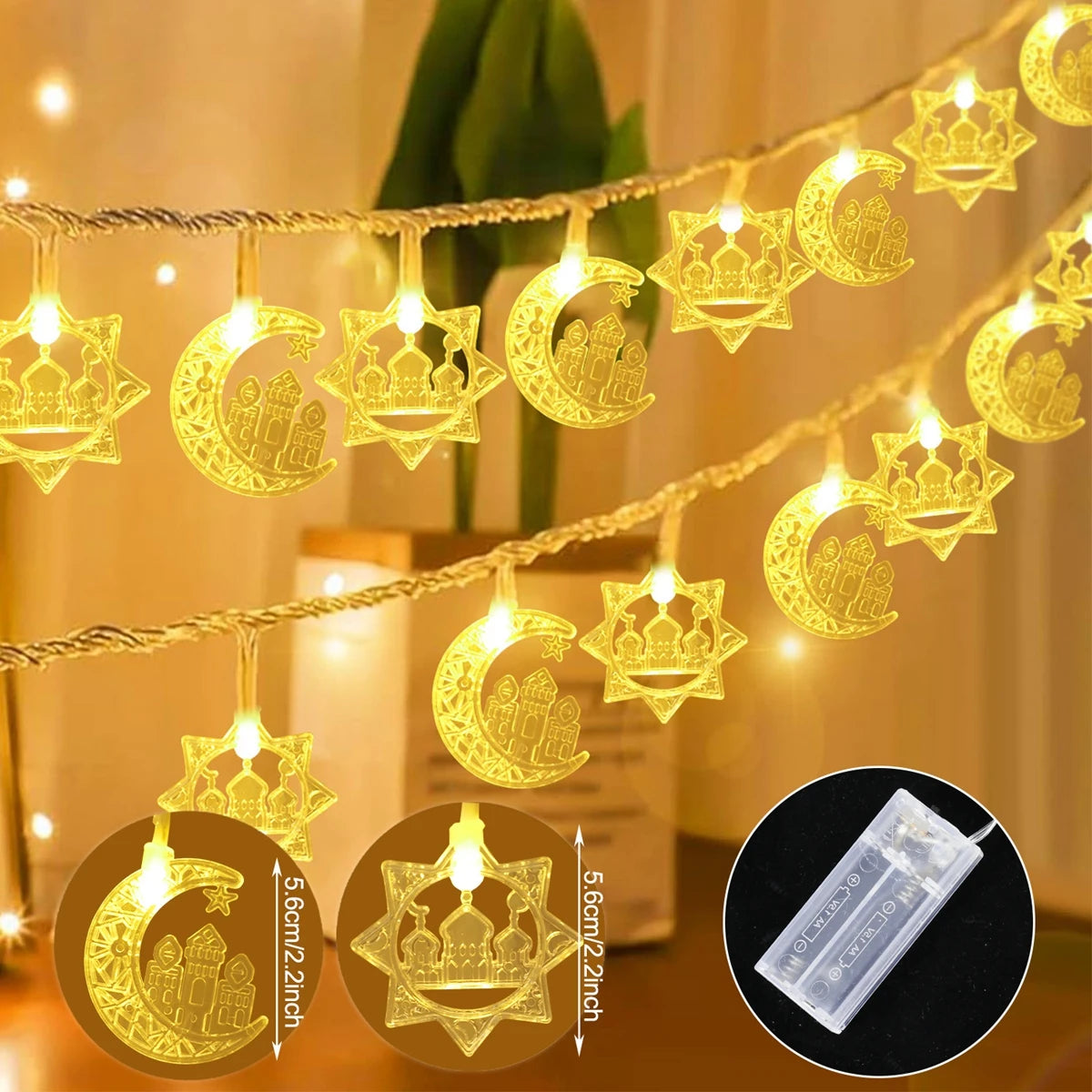 LED Lichterkette Stern & Mond – Batteriebetrieben, Warmweiß oder Bunt