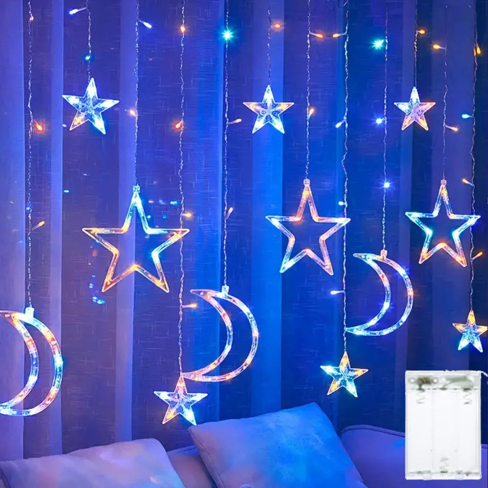 LED Vorhanglichter Sterne & Monde – 8 Lichtmodi, Batteriebetrieben - Ramadan