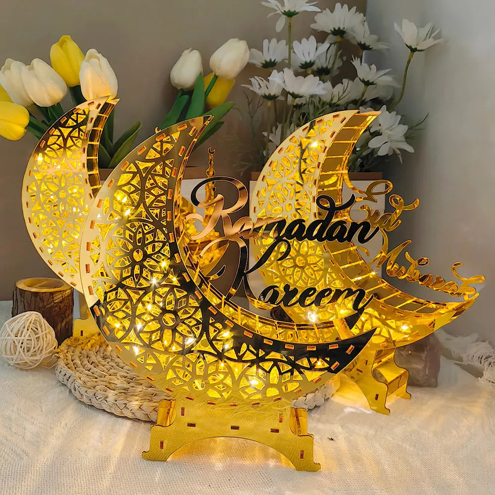 Ramadan & Eid Acryl-Dekoration – Goldener Mond mit Beleuchtung