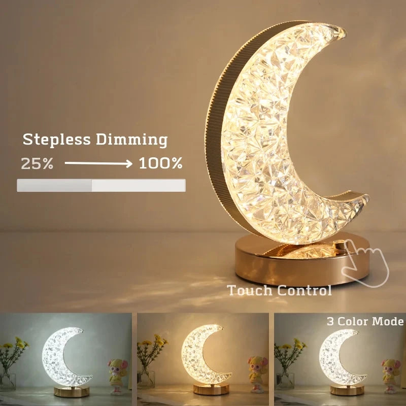 Kristall-Mondlampe – Touch-Dimmbar, USB-Wiederaufladbar, 3 Lichtfarben, LED-Nachtlicht für Schlafzimmer & Wohnambiente
