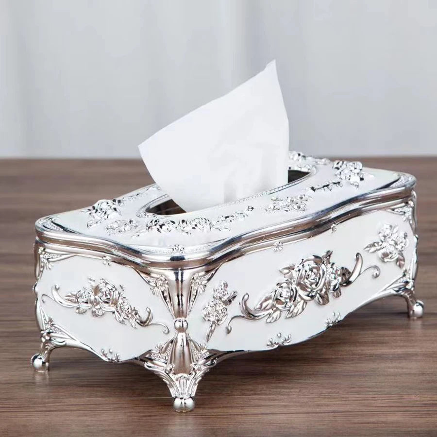 Europäische Taschentuchbox – Luxuriöser Tischspender mit Blumenverzierung, Hochwertiger Serviettenhalter für Wohnzimmer, Küche oder Hotel