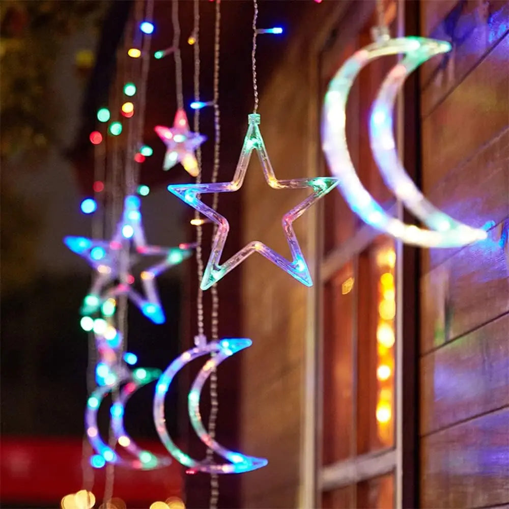 LED Vorhanglichter Sterne & Monde – 8 Lichtmodi, Batteriebetrieben - Ramadan