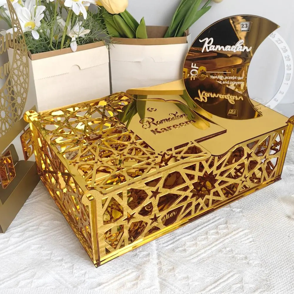 Luxuriöse Goldene Acryl Bonbon- und Aufbewahrungsbox – Elegante Ramadan & Festtagsdekoration
