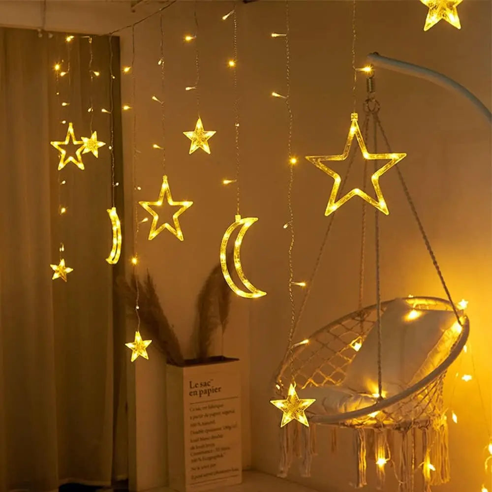 LED Vorhanglichter Sterne & Monde – 8 Lichtmodi, Batteriebetrieben - Ramadan