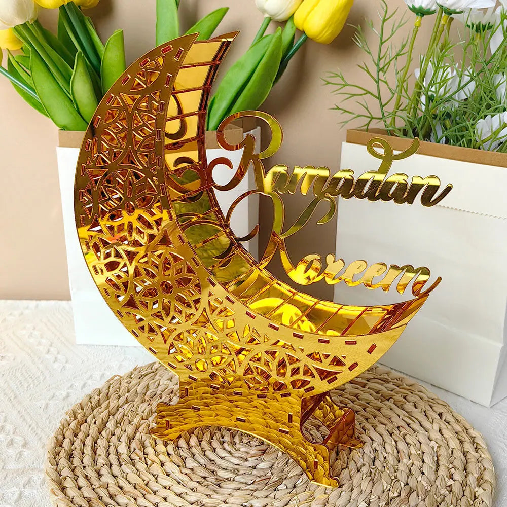Ramadan & Eid Acryl-Dekoration – Goldener Mond mit Beleuchtung