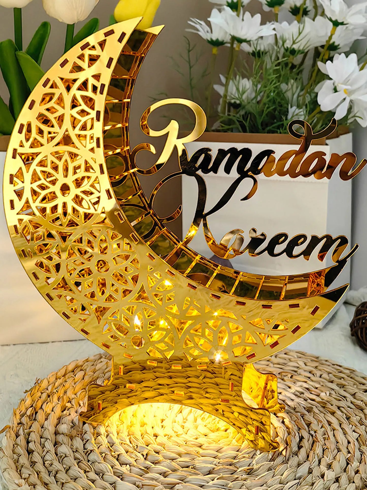 Ramadan & Eid Acryl-Dekoration – Goldener Mond mit Beleuchtung