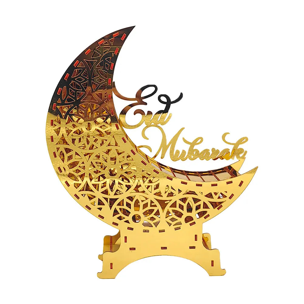 Ramadan & Eid Acryl-Dekoration – Goldener Mond mit Beleuchtung