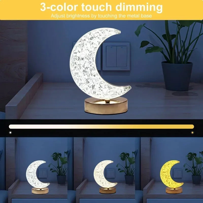 Kristall-Mondlampe – Touch-Dimmbar, USB-Wiederaufladbar, 3 Lichtfarben, LED-Nachtlicht für Schlafzimmer & Wohnambiente