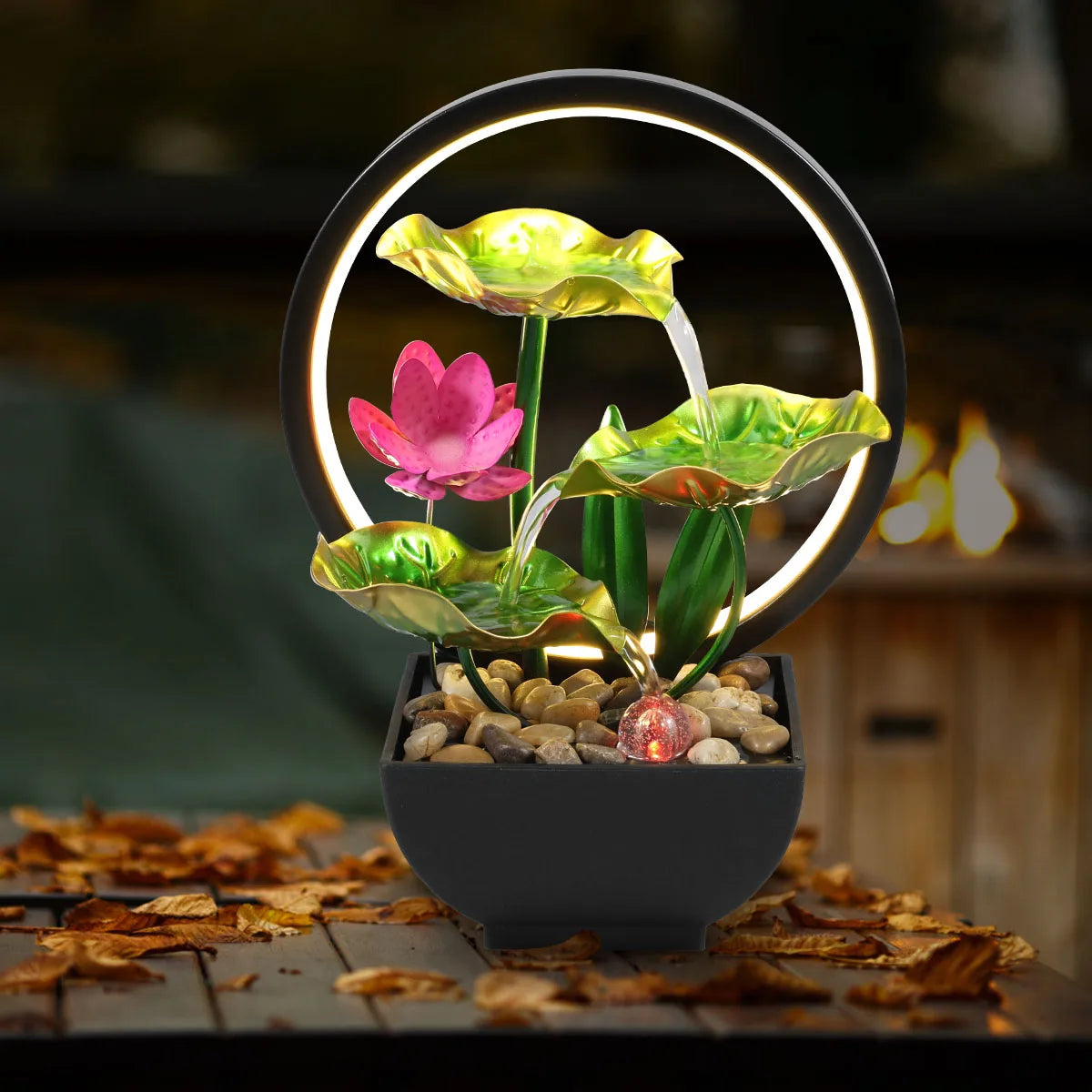 LED-Tischbrunnen Lotus mit fließendem Wasser und Kieseln – USB-betrieben, entspannende Indoor-Wasserfall-Dekoration