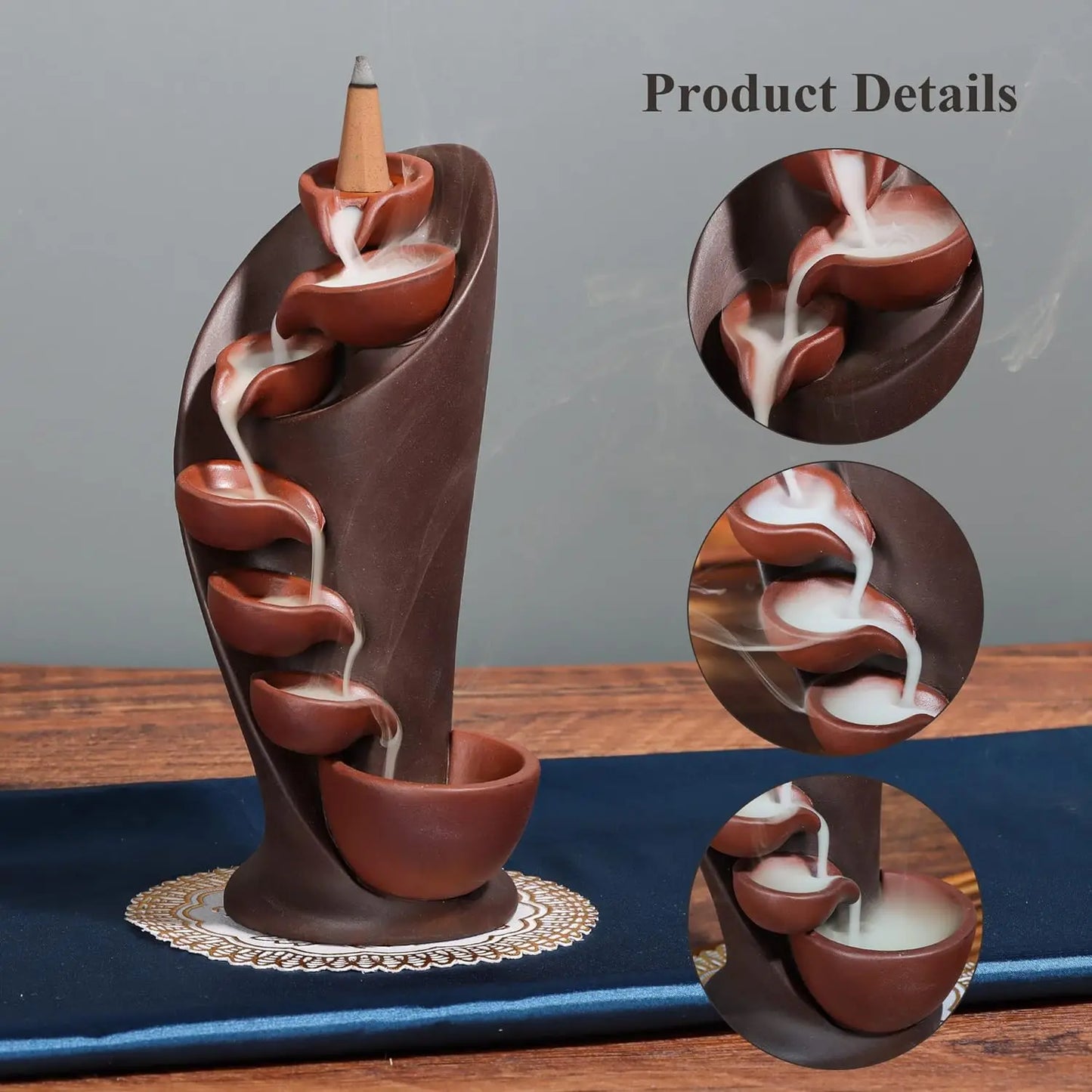 Keramik Rückfluss Räuchergefäß – Mehrstufiger Wasserfall-Design, Handgefertigt, 20 cm Höhe