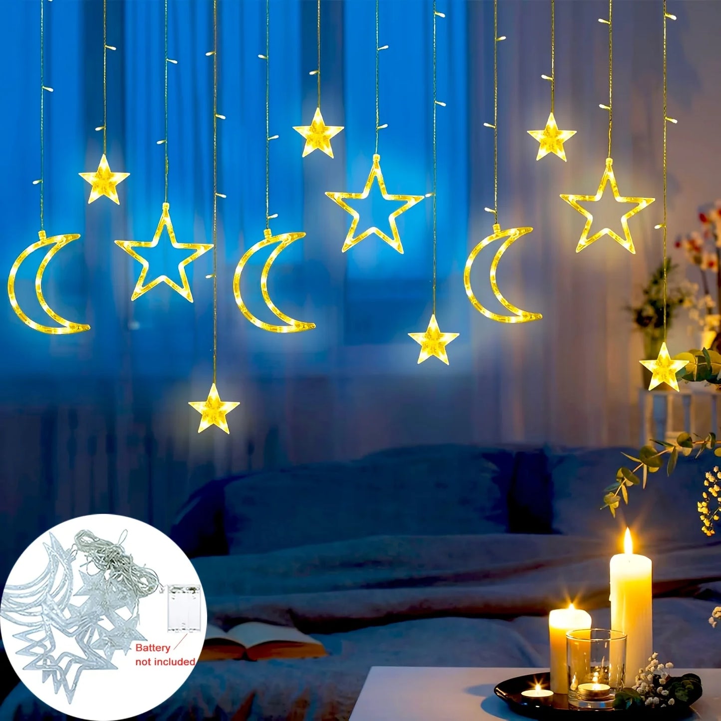 LED Vorhanglichter Sterne & Monde – 8 Lichtmodi, Batteriebetrieben - Ramadan