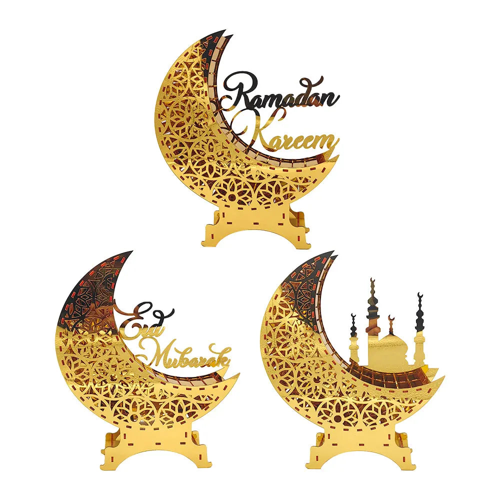 Ramadan & Eid Acryl-Dekoration – Goldener Mond mit Beleuchtung