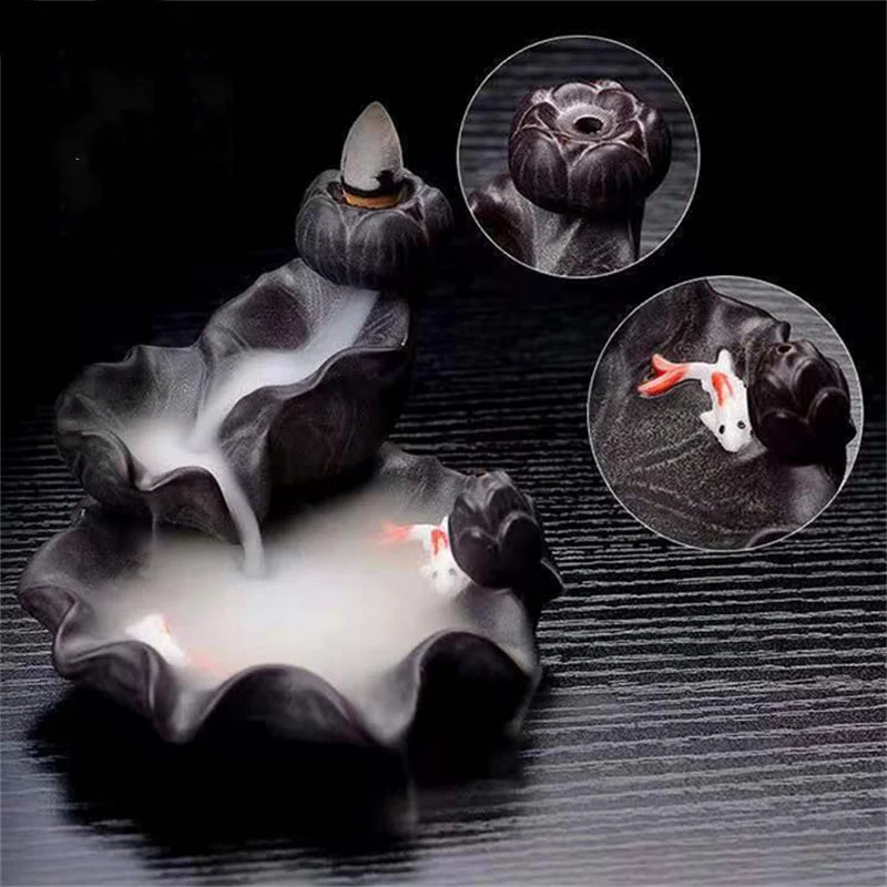 Keramik-Rückfluss-Räuchergefäß mit Lotus-Design und Fischfigur – Aromatherapie, Entspannung & Raumduft