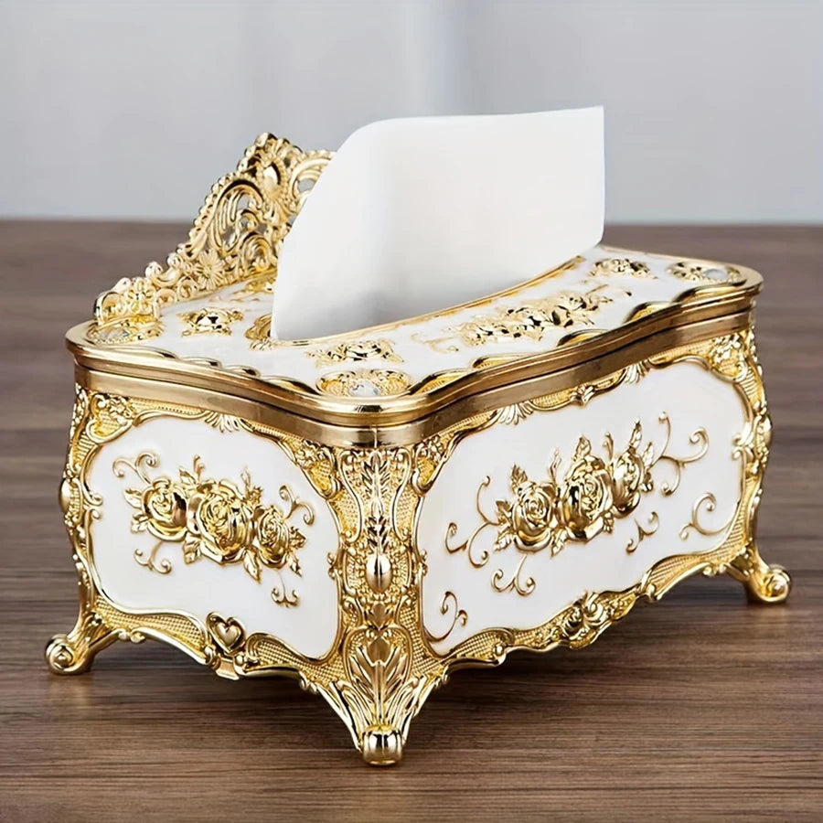 Luxuriöse Europäische Taschentuchbox – Goldverzierte Serviettenhalterung für Wohnzimmer, Hotel & Restaurant, Hochwertige Tischdekoration