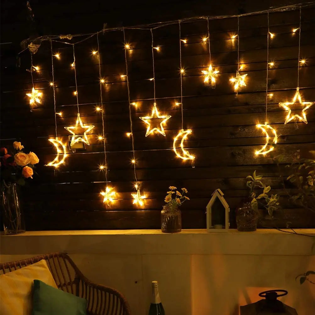 LED Vorhanglichter Sterne & Monde – 8 Lichtmodi, Batteriebetrieben - Ramadan