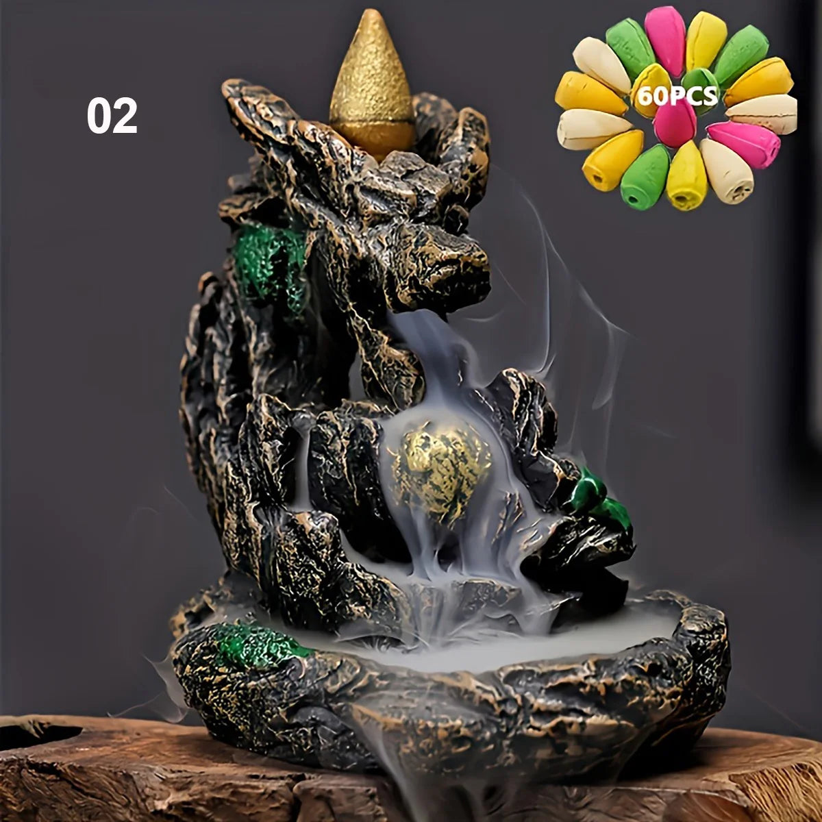 Räucherkegelhalter „Bergwasserfall“ – Aromatherapie & Dekoration aus Kunstharz mit 60 Duftkegeln